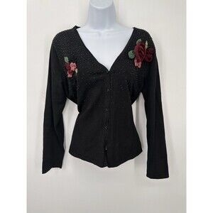 Vintage Tiara International Embroidered Cardigan Black Floral‎ Sweater Womens M